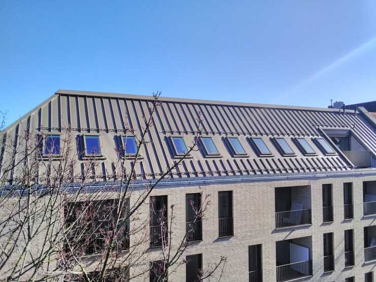 Neubau mit modernem Metalldach Mehrfamilienhaus mit steilem Metalldach und zahlreichen eingebauten Dachfenstern.